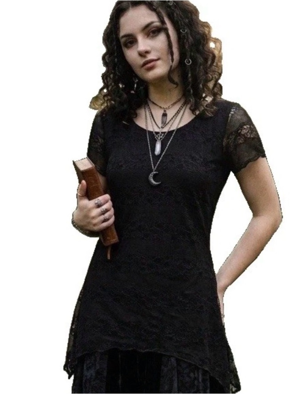 Keren Hart Y2K Black Floral Lace Overlay Top Asymmetrical Whimsygoth Tunic S